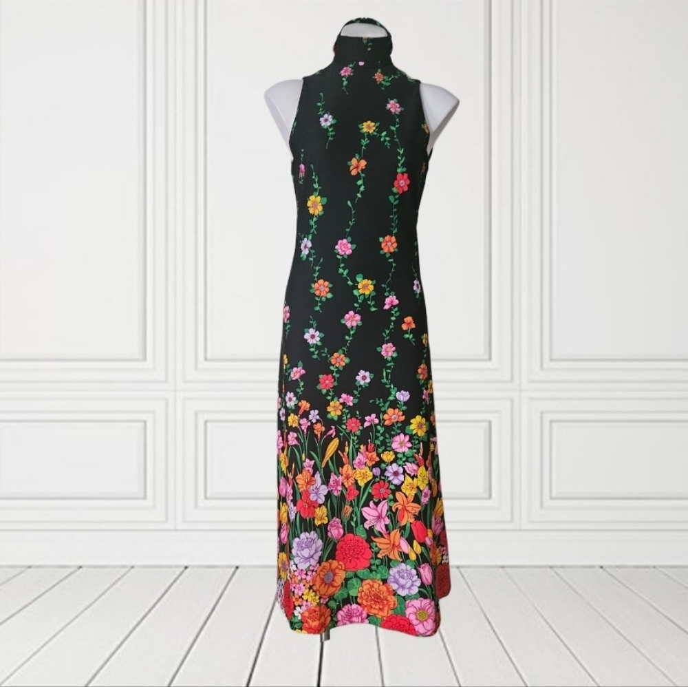 Vintage Vibrant Floral Black Maxi Dress